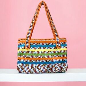Handmade Crocheted Multicolour Small Tote Bag